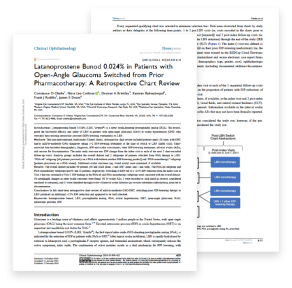 IOP control in the real world heading with article image, article synopsis, and downward-facing arrow link to article on switch patients
