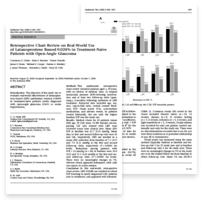 IOP control in the real world heading with article image, article synopsis, and downward-facing arrow link to article on treatment-naive patients
