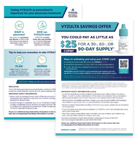 front/back images of VYZULTA® patient adherence flashcard with download button/link to flashcard